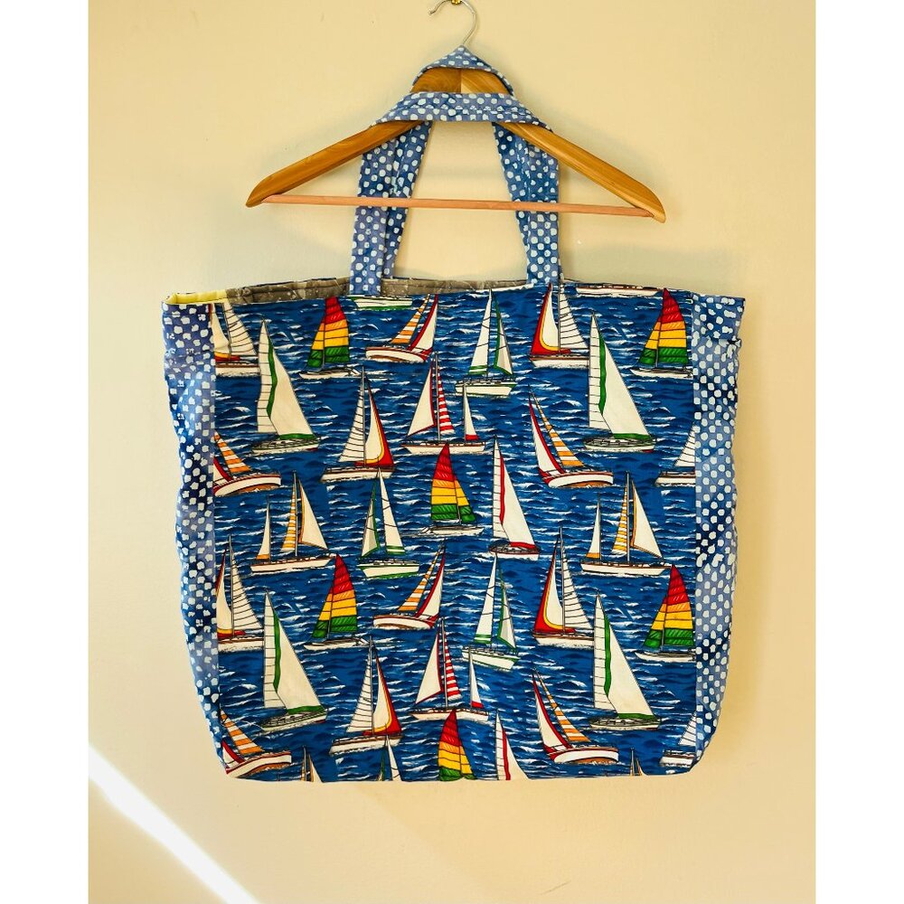Handmade Tote Eco Friendly Reusable Colorful Sailboat Grocery Beach Bag‎ Large
